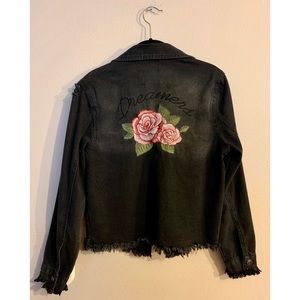 Black Distressed Denim Embroidered Jacket